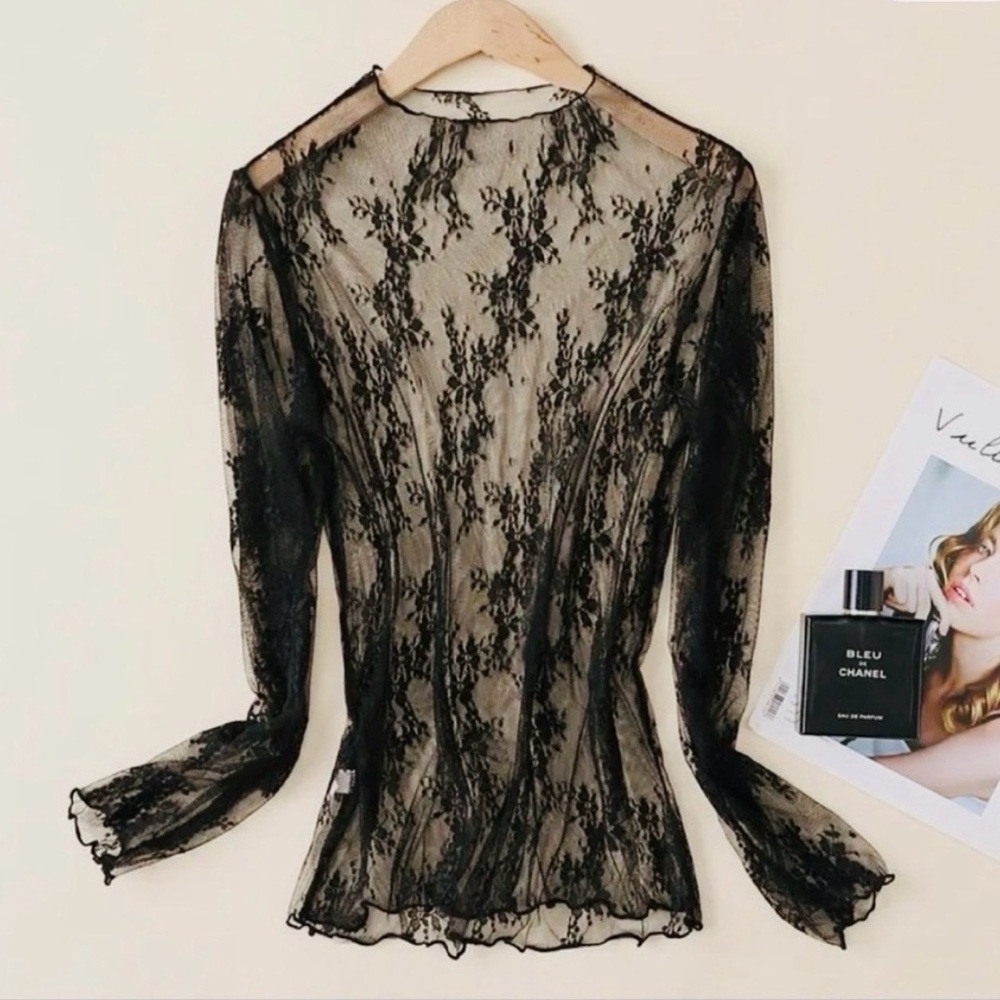 NEW Lace Sheer Long Sleeve Top - Black Sheer Feminine Long Sleeve Tee - Picture 3 of 8